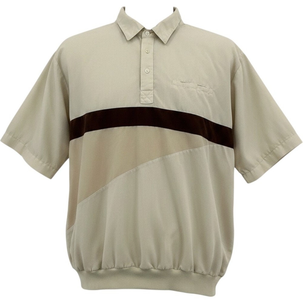 Vintage Polo Shirt Mens XL Cream Brown Colorblock Banded Waist 90s Retro Dad